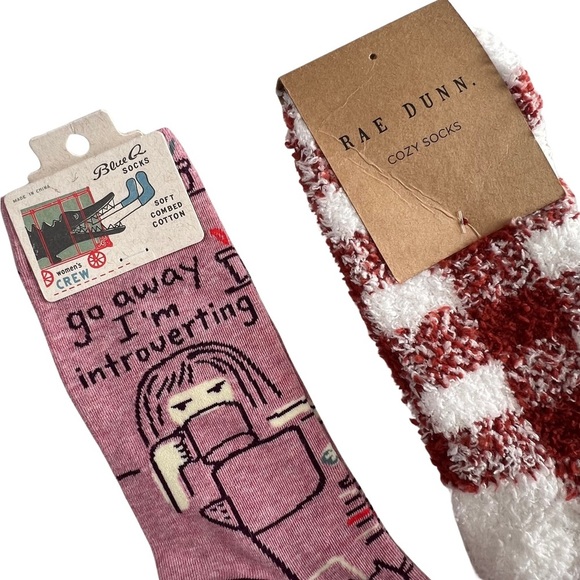 Socks Lot Rae Dunn Buffalo Plaid + Blue Q Introvert White Rust Pink Purple 4-10 - Picture 10 of 13